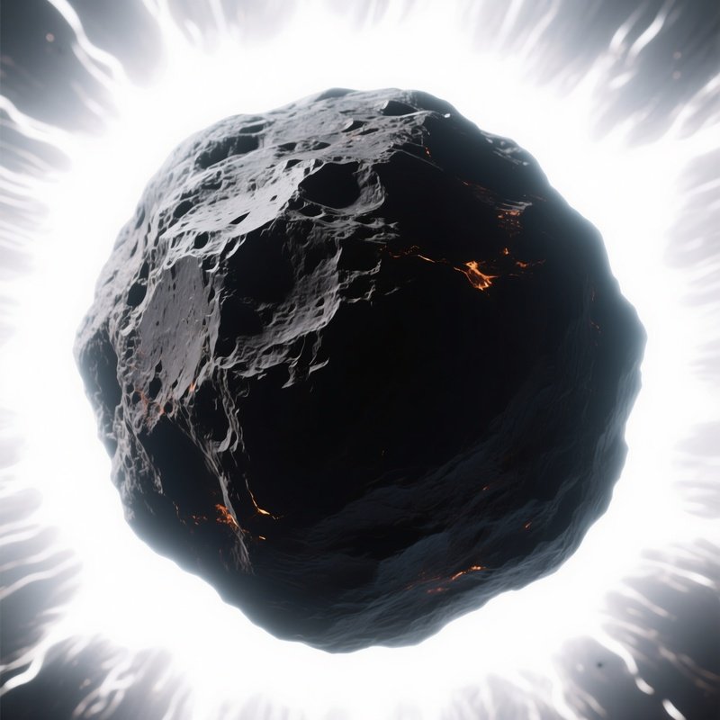 A High‑Contrast Image Of A Dark, Basaltic Asteroid Against A Brilliant White Solar Flare, Its Edges