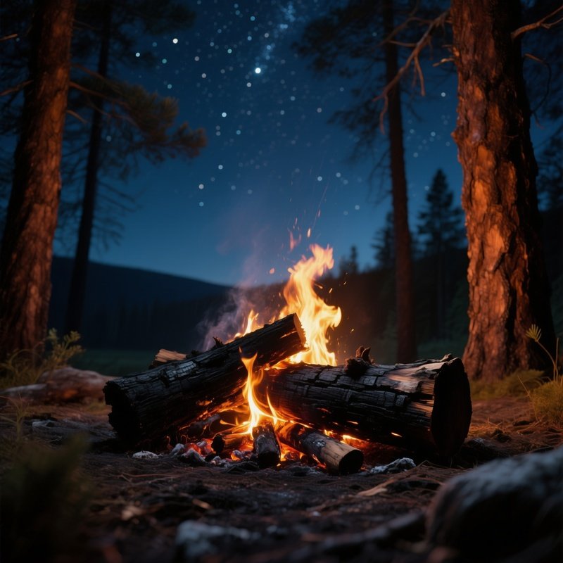 A High‑Contrast Shot Of A Burnt‑Out Campfire On A Pine Log, Charred Black Wood Contrasting With