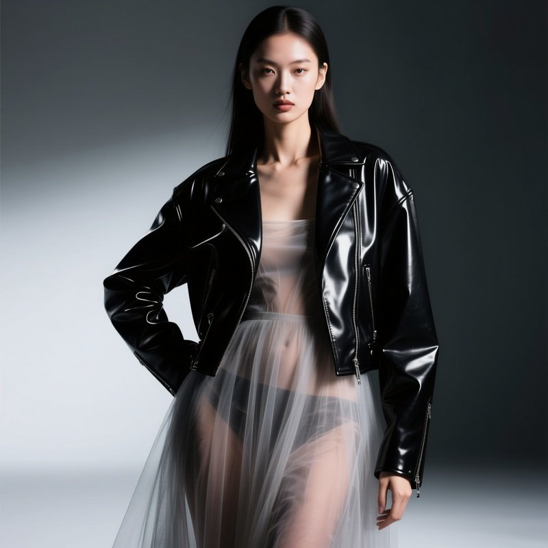 A High‑Contrast Studio Portrait Of A Model Wearing A Glossy Patent Leather Jacket Over A Sheer
