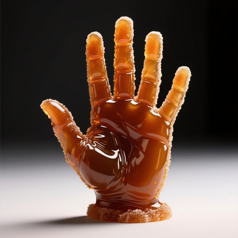 A High‑Contrast Studio Portrait Of A Sugar Sculpture Shaped Like A Human Hand, Each Finger