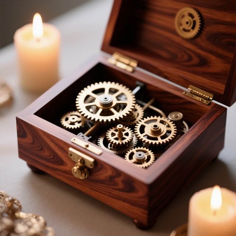 A High‑Detail View Of A Wooden Music Box Interior, Delicate Gears Perched On Rosewood Base With