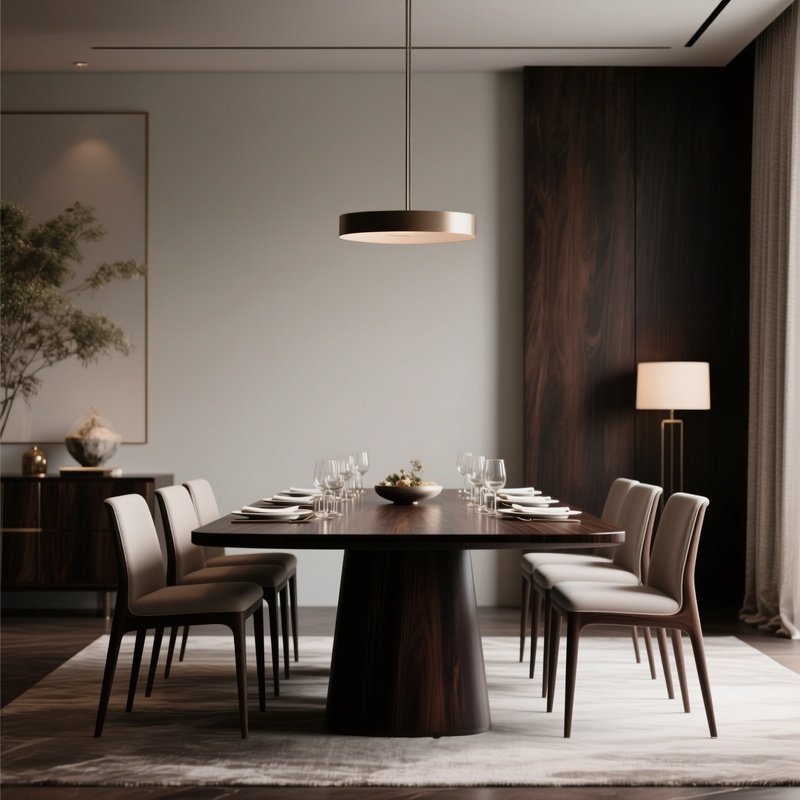 A High End Dining Space With A Dark Wood Table, Slim Chairs, And Subtle Decorative Elements