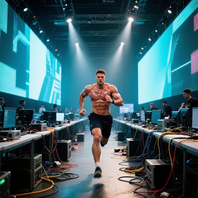 A High‑Energy Hackathon Arena With Giant Led Walls, A Muscular Participant Sprinting Between
