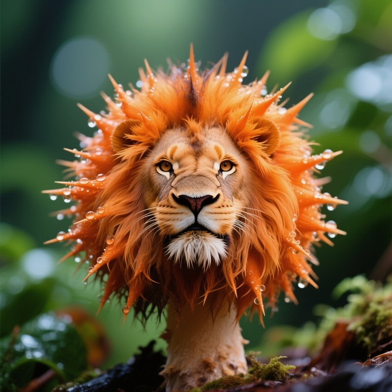 A High‑Resolution Macro Shot Of A Spiky Lion’S Mane Mushroom, Bright Orange Radiating Outward, Fine