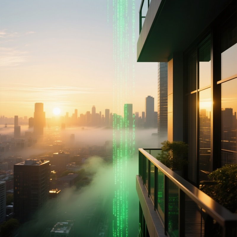 A High‑Rise Balcony At Sunrise, Cityscape Below Bathed In Golden Light As Streams Of Luminous Green