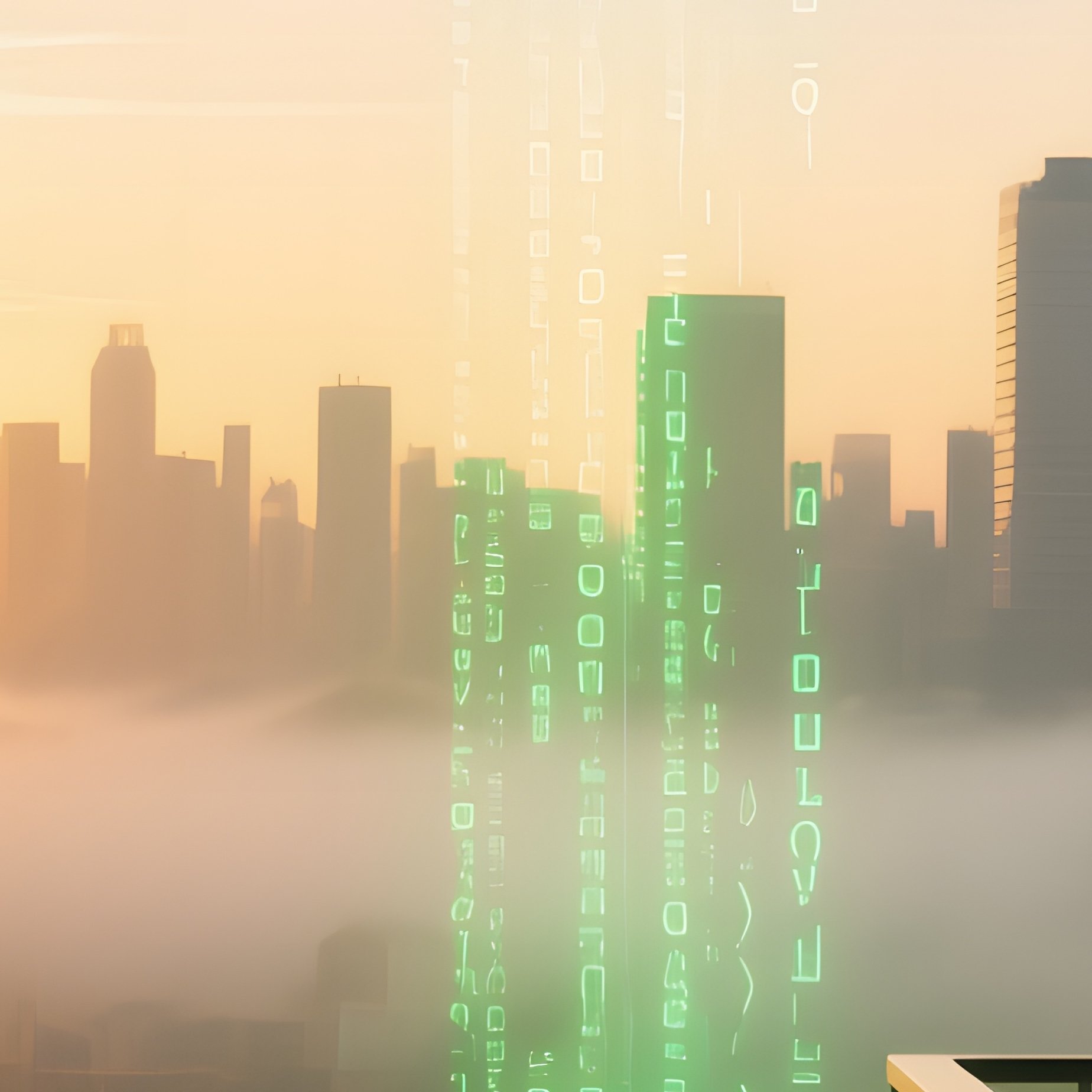 A High‑Rise Balcony At Sunrise, Cityscape Below Bathed In Golden Light As Streams Of Luminous Green - Full Resolution Quality Preview