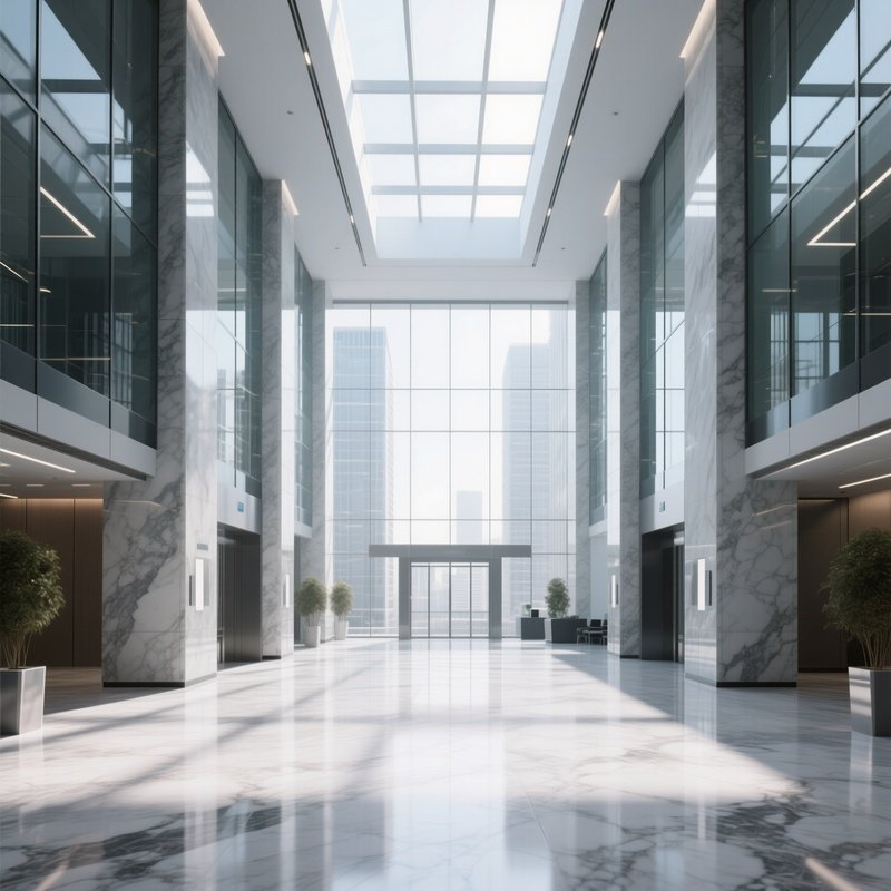 A High‑Rise Office Lobby With Sleek Marble Floors And Glass Walls, All Surfaces Rendered In Smooth