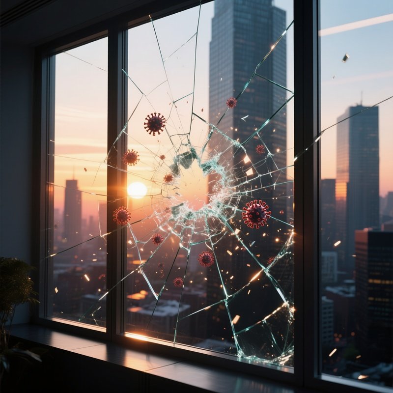 A High‑Rise Office Window View At Sunset, Where The Glass Is Cracked By Invisible Virus Forces,