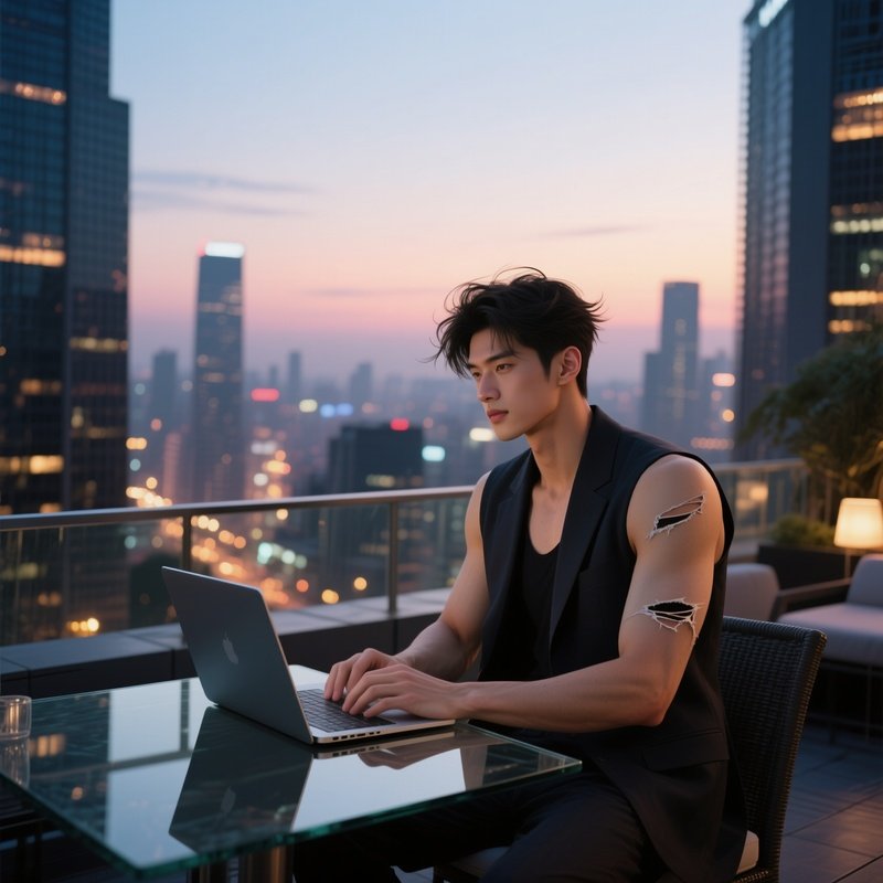 A High‑Rise Rooftop Lounge At Dusk, A Ripped Male Model In A Sleeveless Blazer, Laptop Perched On A
