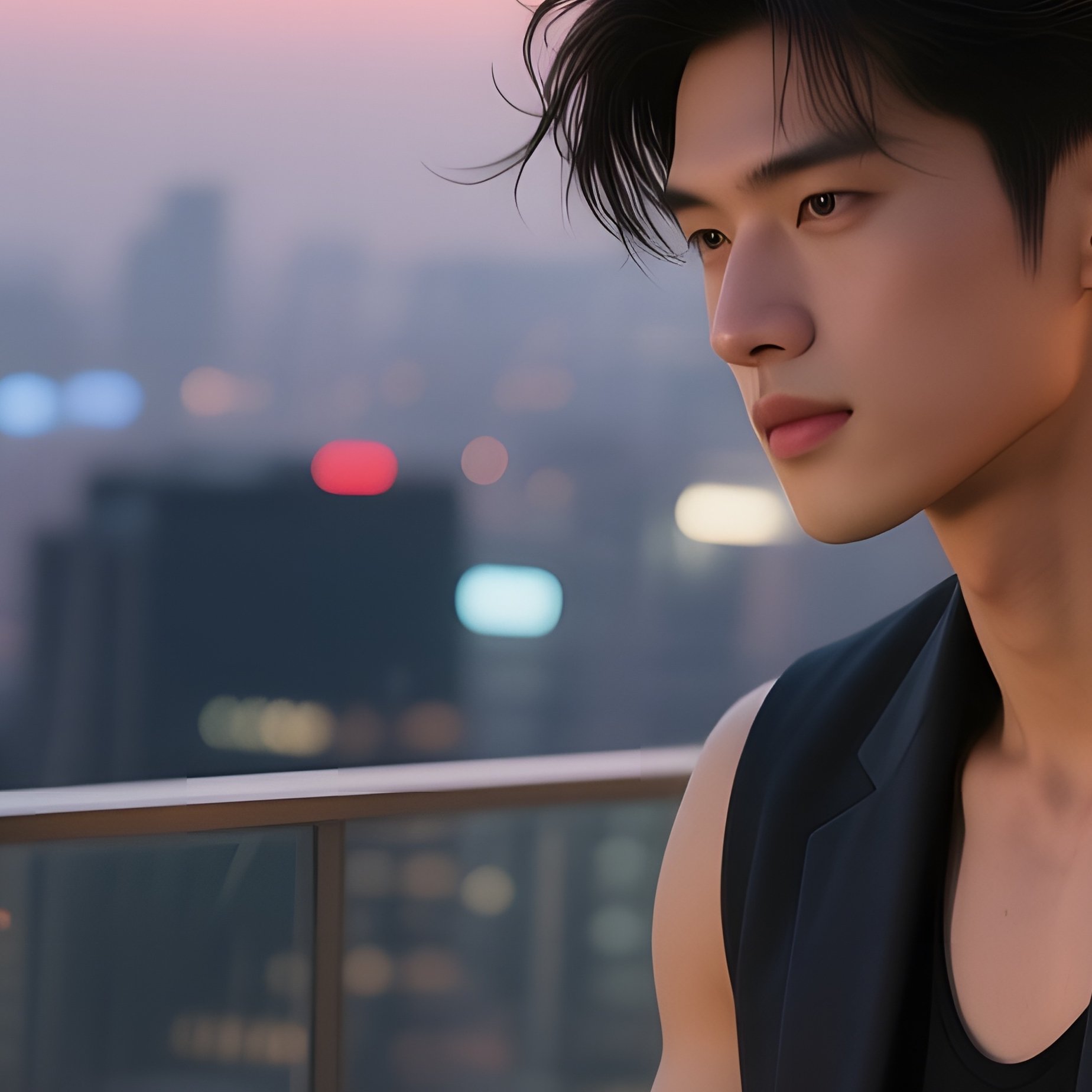 A High‑Rise Rooftop Lounge At Dusk, A Ripped Male Model In A Sleeveless Blazer, Laptop Perched On A - Full Resolution Quality Preview
