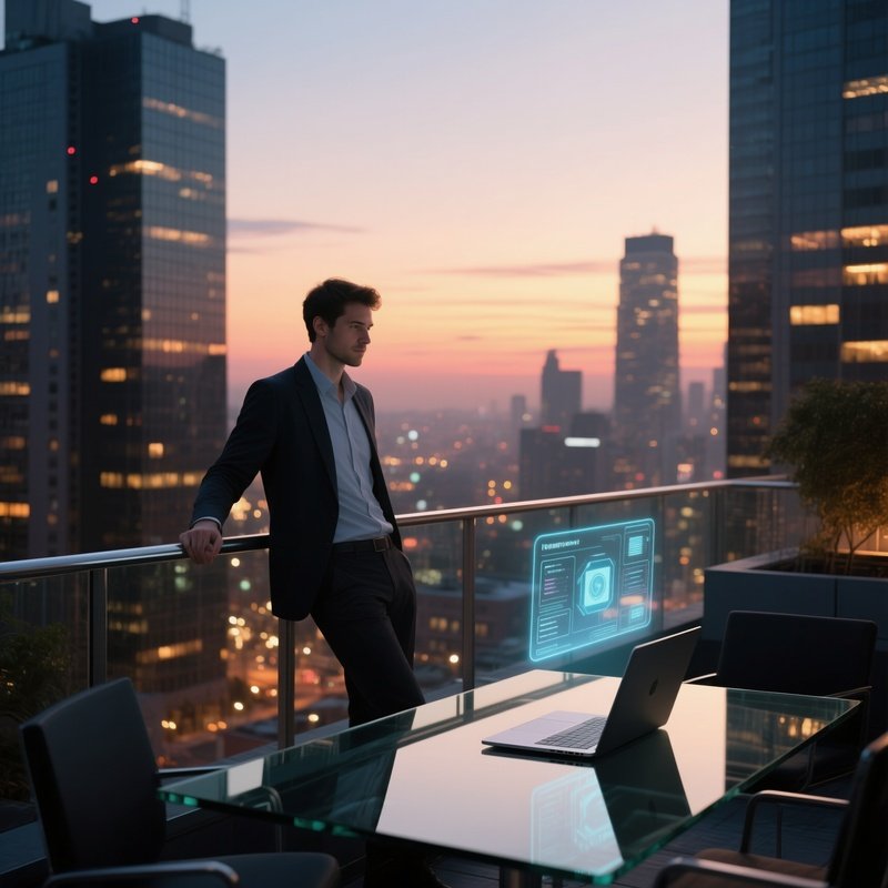 A High‑Rise Rooftop Office At Sunset, A Toned Programmer Leaning Against The Railing, City Lights