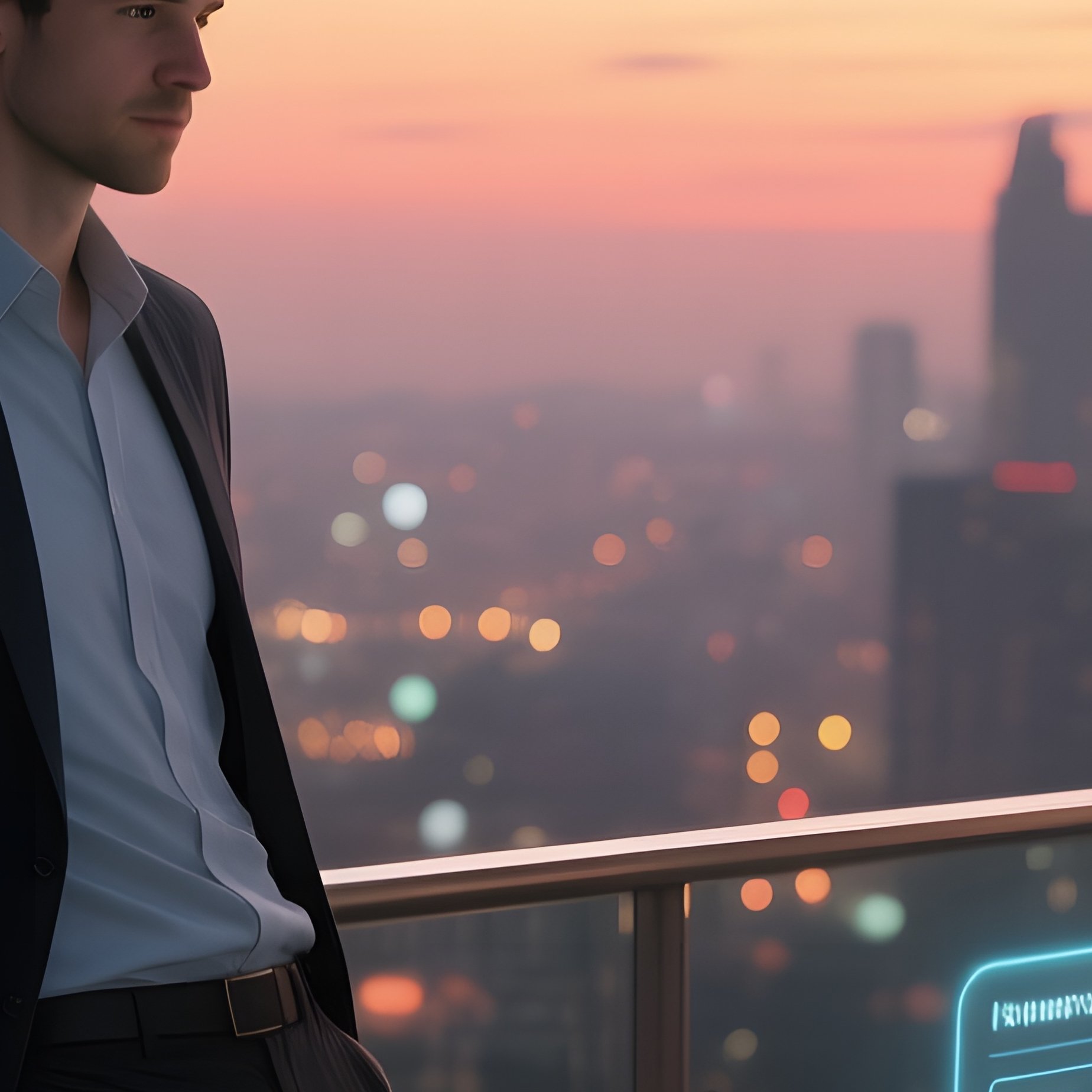 A High‑Rise Rooftop Office At Sunset, A Toned Programmer Leaning Against The Railing, City Lights - Full Resolution Quality Preview
