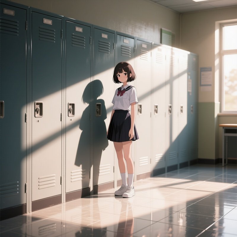 A High‑School Student With A Trendy Bob Stands In Front Of Lockers, Late Afternoon Sun Casting Long