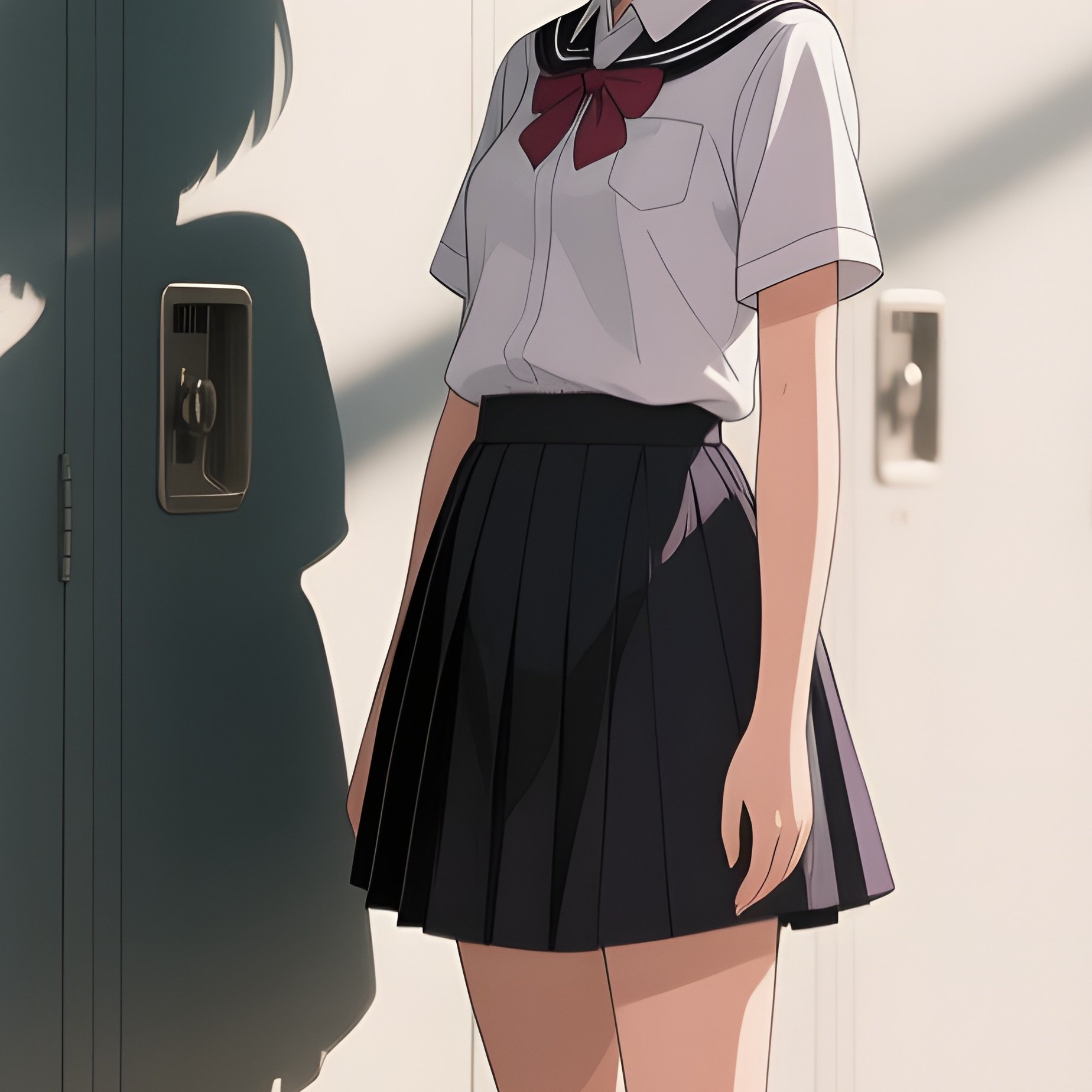 A High‑School Student With A Trendy Bob Stands In Front Of Lockers, Late Afternoon Sun Casting Long - Full Resolution Quality Preview