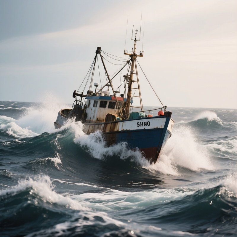 A High Seas Fishing Boat Rocking In Strong Offshore Swells