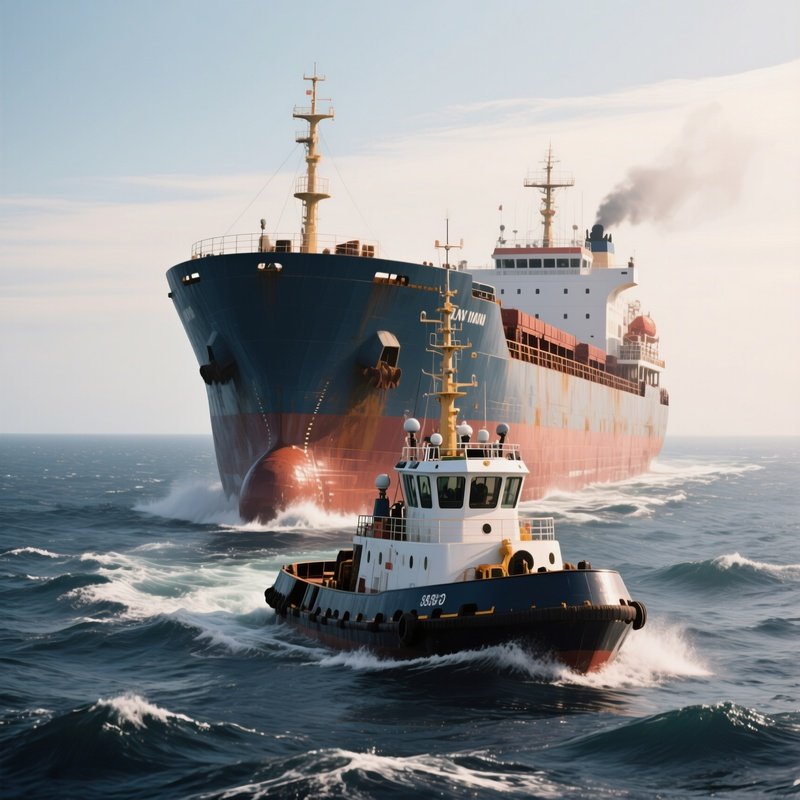 A High Seas Tug Towing A Massive Barge Through Open Ocean