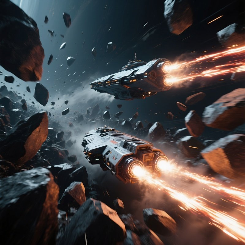 A High‑Speed Chase Between Two Rival Space Freighters Weaving Through A Chaotic Field Of Sharp,