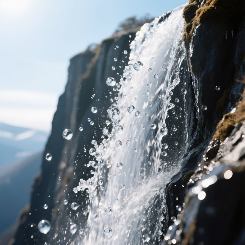 A High Speed Shot Of Water Droplets Frozen Mid Air As They Cascade Down A Sheer Cliff Face, Bright