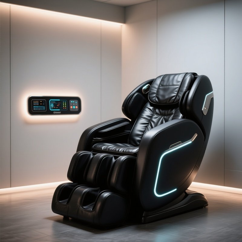 A High Tech, Black Leather Full Body Massage Chair Located In A Dedicated Relaxation Corner, With A Control Panel Illuminated By Soft Leds.
