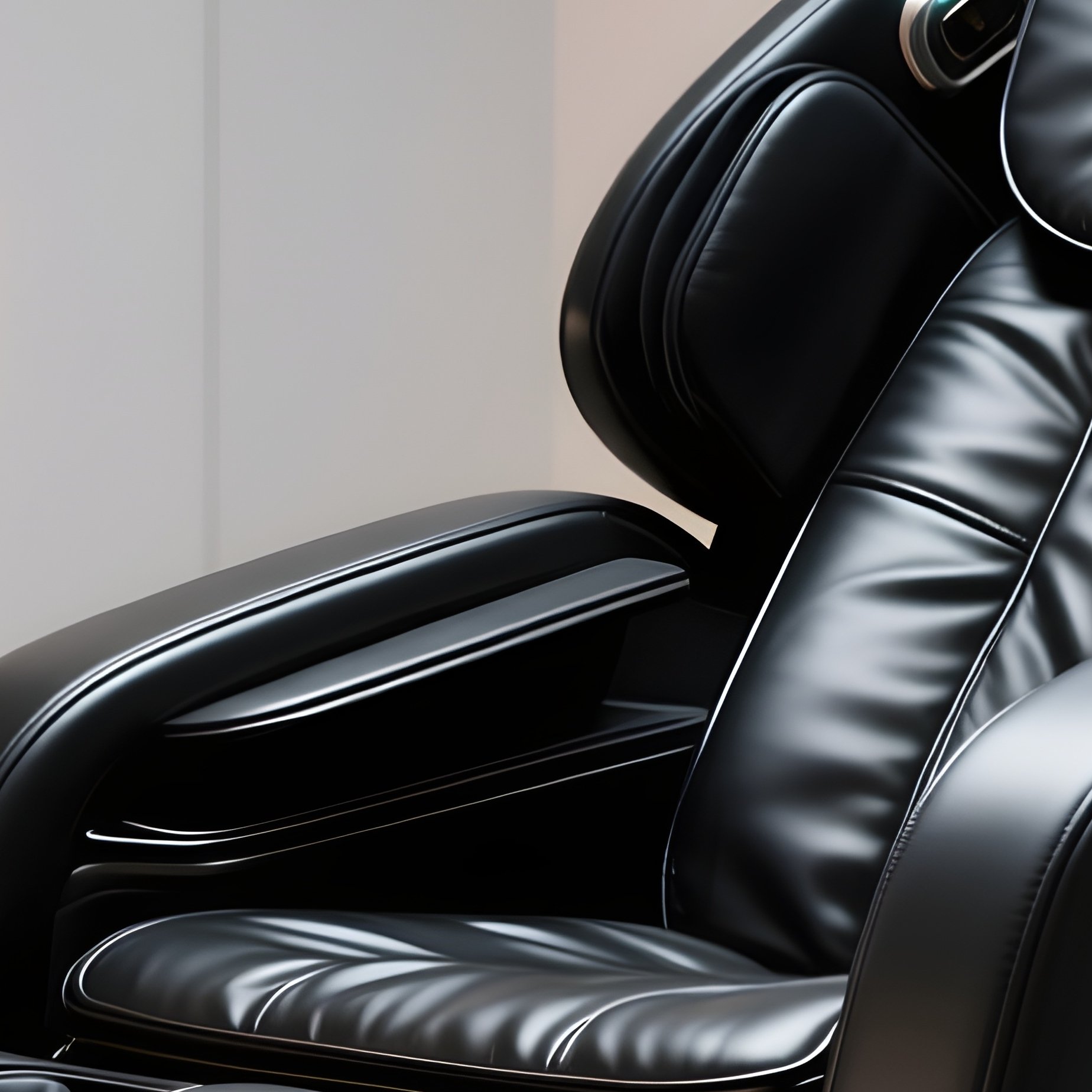 A High Tech, Black Leather Full Body Massage Chair Located In A Dedicated Relaxation Corner, With A Control Panel Illuminated By Soft Leds. - Full Resolution Quality Preview