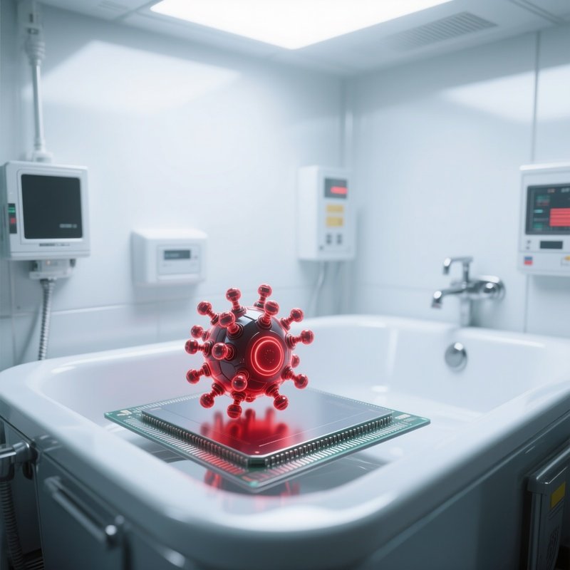 A High‑Tech Cleanroom Bathed In Sterile White Light, Where A Single Rogue Nanobot Swarm Glows