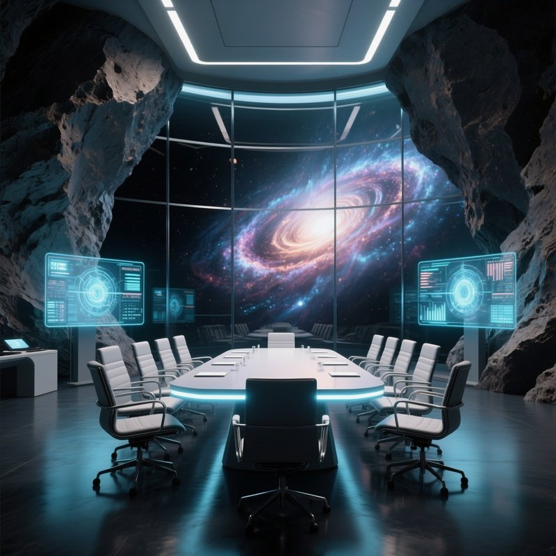 A High‑Tech Conference Room Carved Into A Massive Asteroid, Glass Walls Showing A Swirling Nebula,