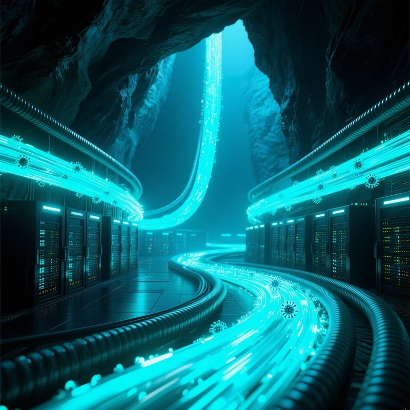 A High‑Tech Data Hub Cavern Illuminated By Pulsating Cyan Lights, Massive Fiber Optic Cables