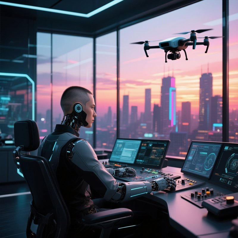 A High‑Tech Drone Pilot With A Futuristic Shaved Design Operates In A Sleek Control Room, Large