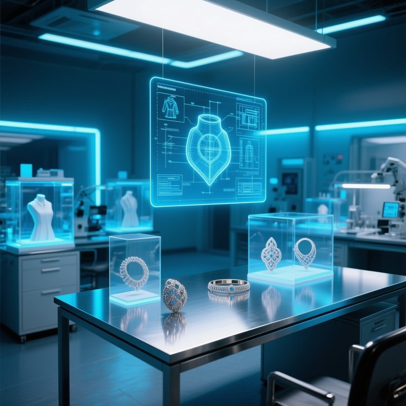 A High‑Tech Fashion Lab Illuminated By Cool Blue Leds, Transparent Workstations Displaying