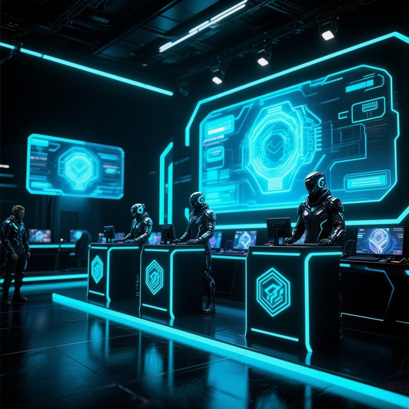 A High‑Tech Gaming Arena Filled With Holographic Displays, Neon‑Lit Podiums And Players In