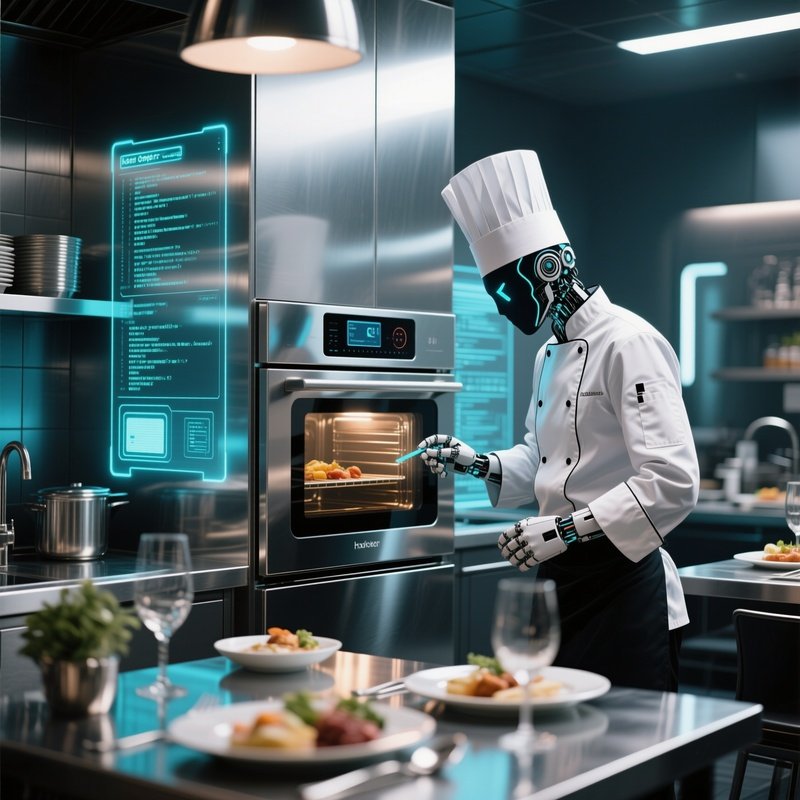 A High‑Tech Kitchen During Dinner Service, Stainless Steel Surfaces Reflecting Holographic Recipe