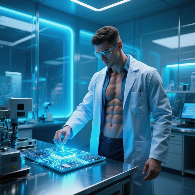 A High‑Tech Lab With Transparent Walls, A Muscular Scientist In A Fitted Lab Coat Unbuttoned To