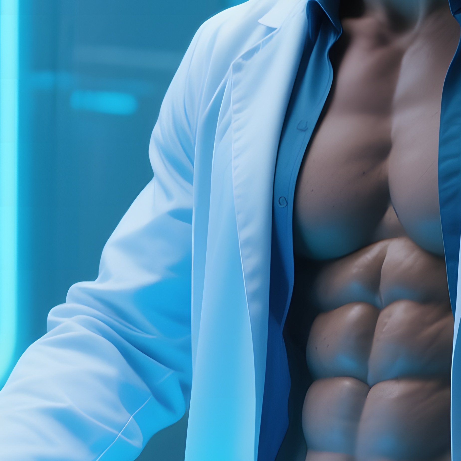 A High‑Tech Lab With Transparent Walls, A Muscular Scientist In A Fitted Lab Coat Unbuttoned To - Full Resolution Quality Preview