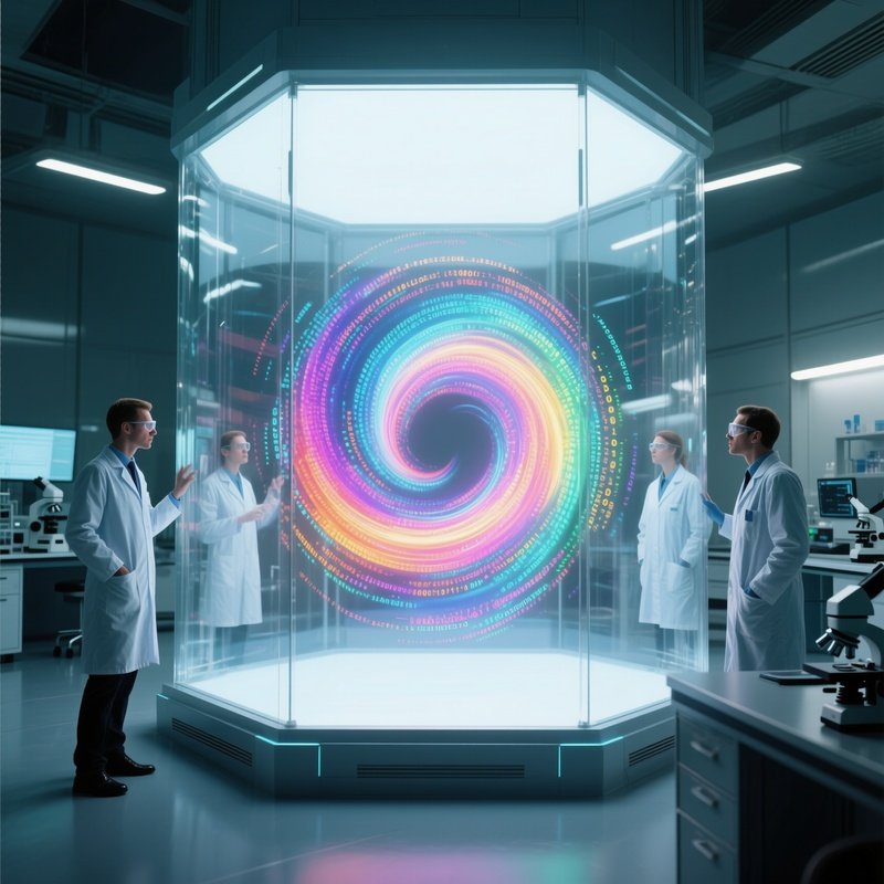 A High‑Tech Lab With Transparent Walls, Scientists Observing A Swirling Vortex Of Multicolored Code