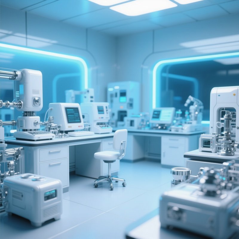 A High‑Tech Laboratory Filled With Futuristic Equipment, All Components Modeled In Glossy White And