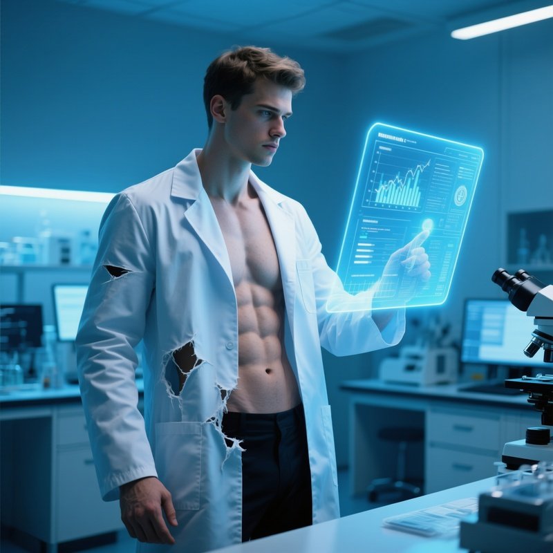 A High‑Tech Medical Research Lab, A Ripped Scientist In A Fitted White Coat Unbuttoned To Show Abs,