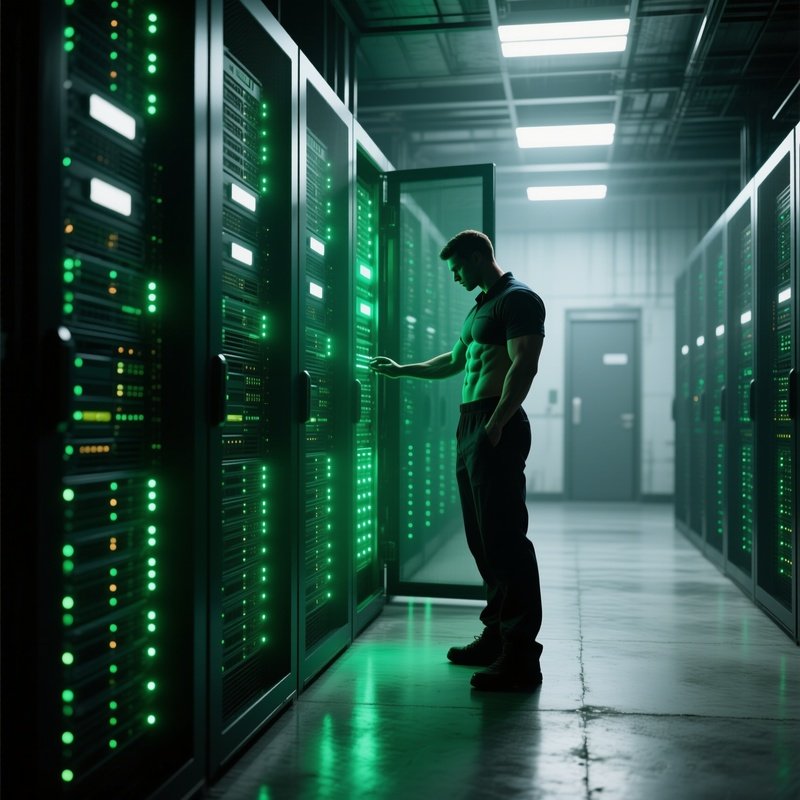 A High‑Tech Server Room With Rows Of Blinking Lights, A Fit Technician With Defined Abs Checking A