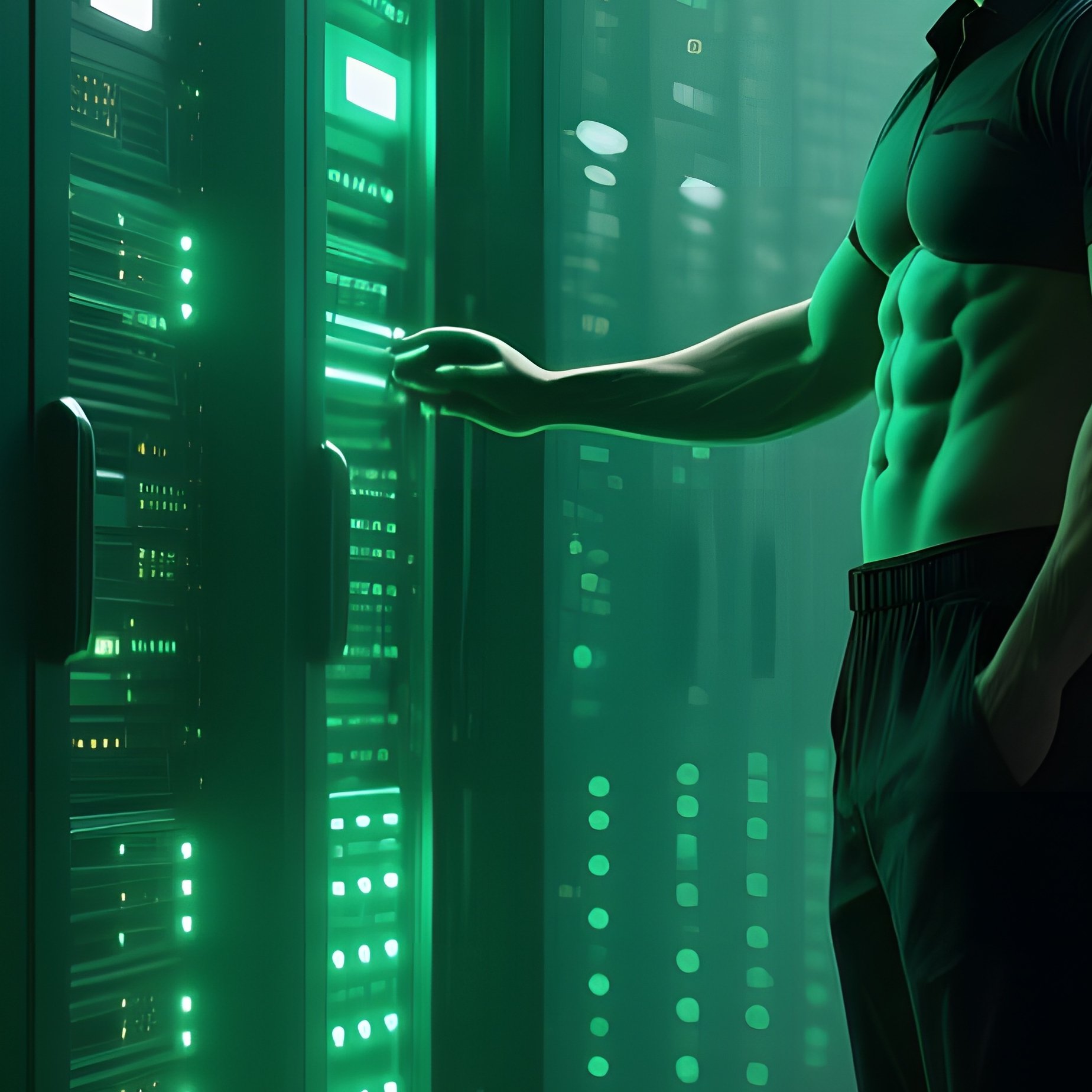 A High‑Tech Server Room With Rows Of Blinking Lights, A Fit Technician With Defined Abs Checking A - Full Resolution Quality Preview