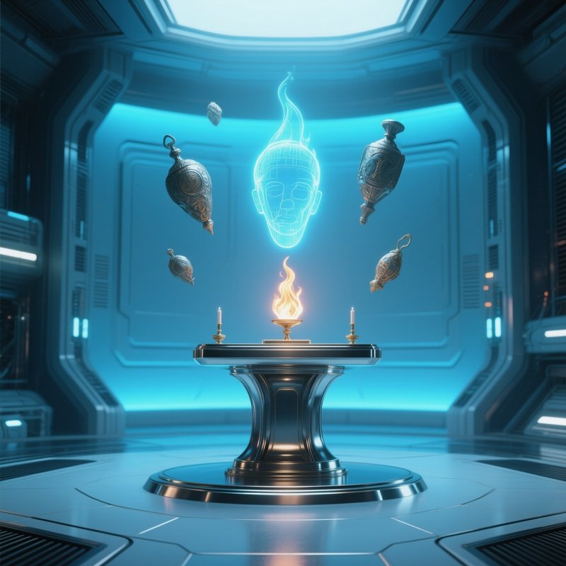 A High‑Tech Space Station Altar With Zero‑Gravity Floating Relics, Soft Blue Lighting, A