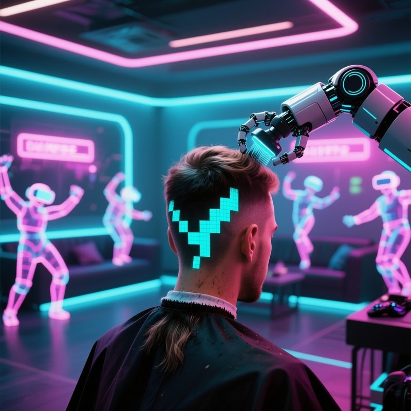 A High‑Tech Vr Gaming Lounge, Neon Holograms Pulsing; A Gamer Gets His Hair Shaved Into A Pixelated