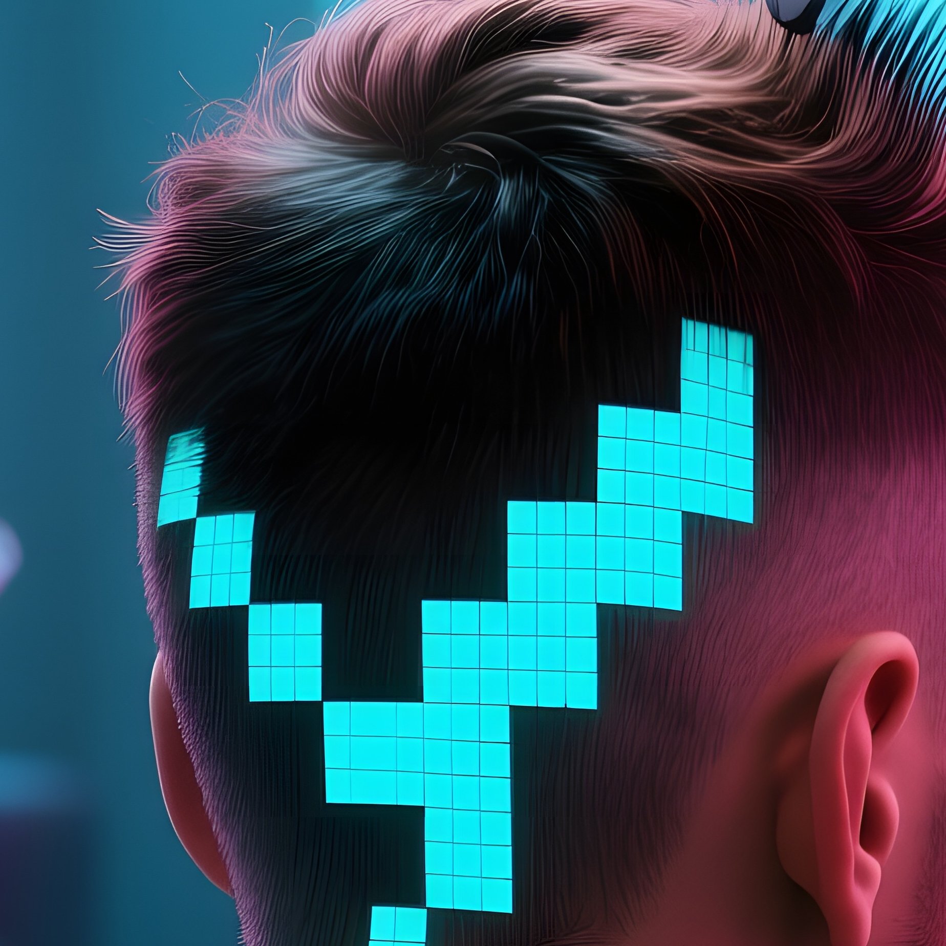 A High‑Tech Vr Gaming Lounge, Neon Holograms Pulsing; A Gamer Gets His Hair Shaved Into A Pixelated - Full Resolution Quality Preview