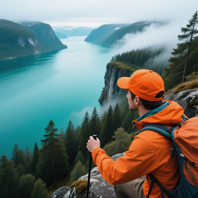 A Hiker In A Bright Orange Baseball Cap Reaches The Edge Of A Cliff Overlooking A Turquoise Fjord,