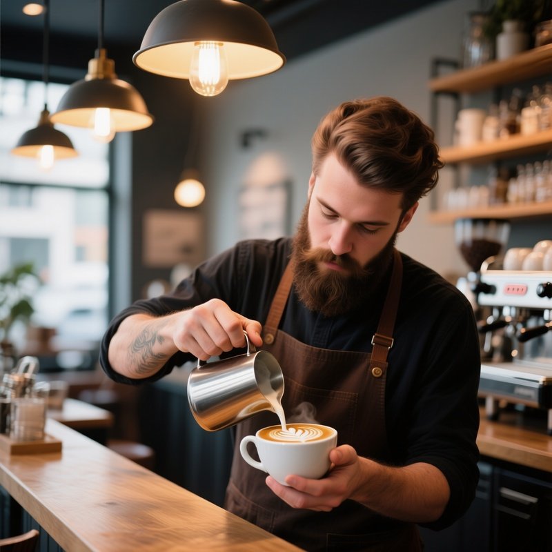 A Hipster Barista In A Modern Café Steams Milk For Latte Art, His Neatly Trimmed Beard Catching The