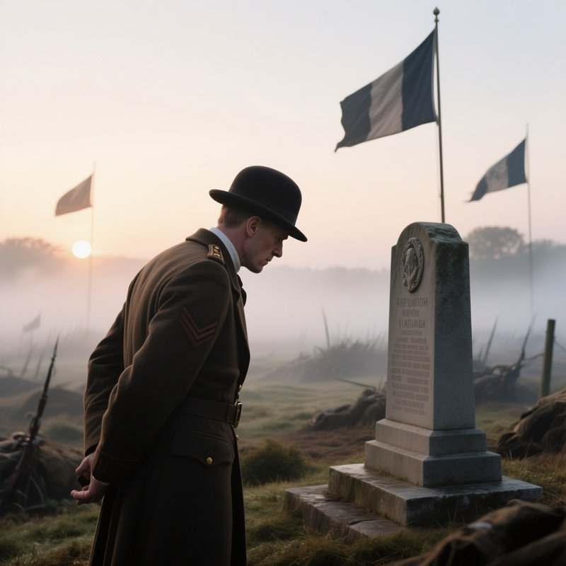 A Historian In A Classic Bowler Hat Examines A Battlefield Memorial At Sunrise, Mist Rising From