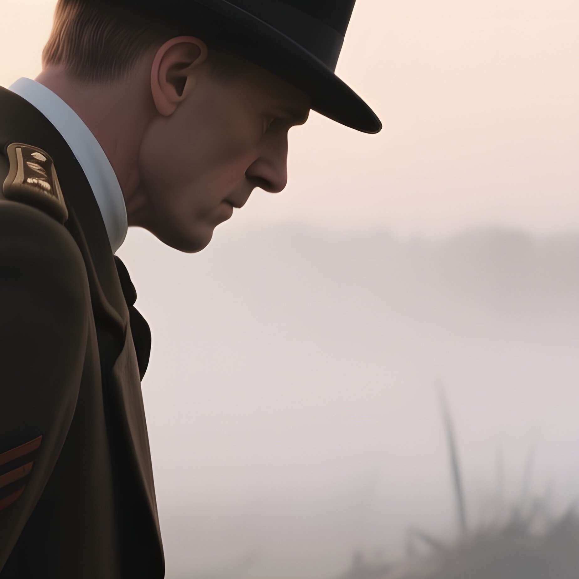 A Historian In A Classic Bowler Hat Examines A Battlefield Memorial At Sunrise, Mist Rising From - Full Resolution Quality Preview