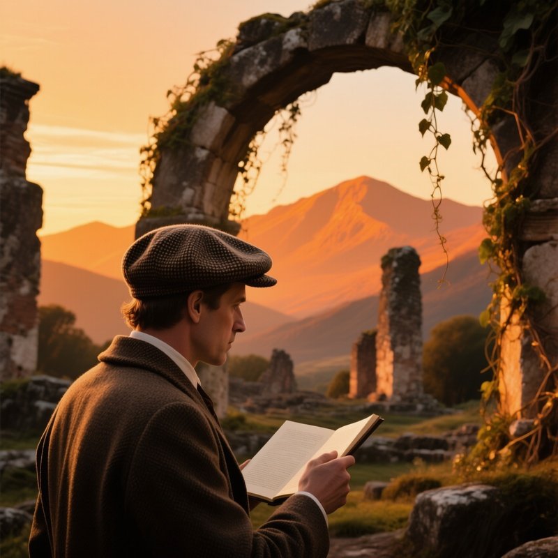 A Historian In A Tweed Hat Examines Ancient Ruins At Golden Hour, Vines Crawling Over Stone Arches
