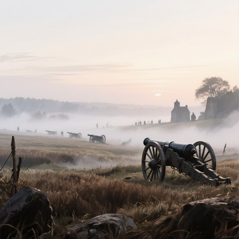 A Historic Battlefield At Dawn, Fog Rolling Over Fields, Muted Watercolor Grays And Browns, Distant
