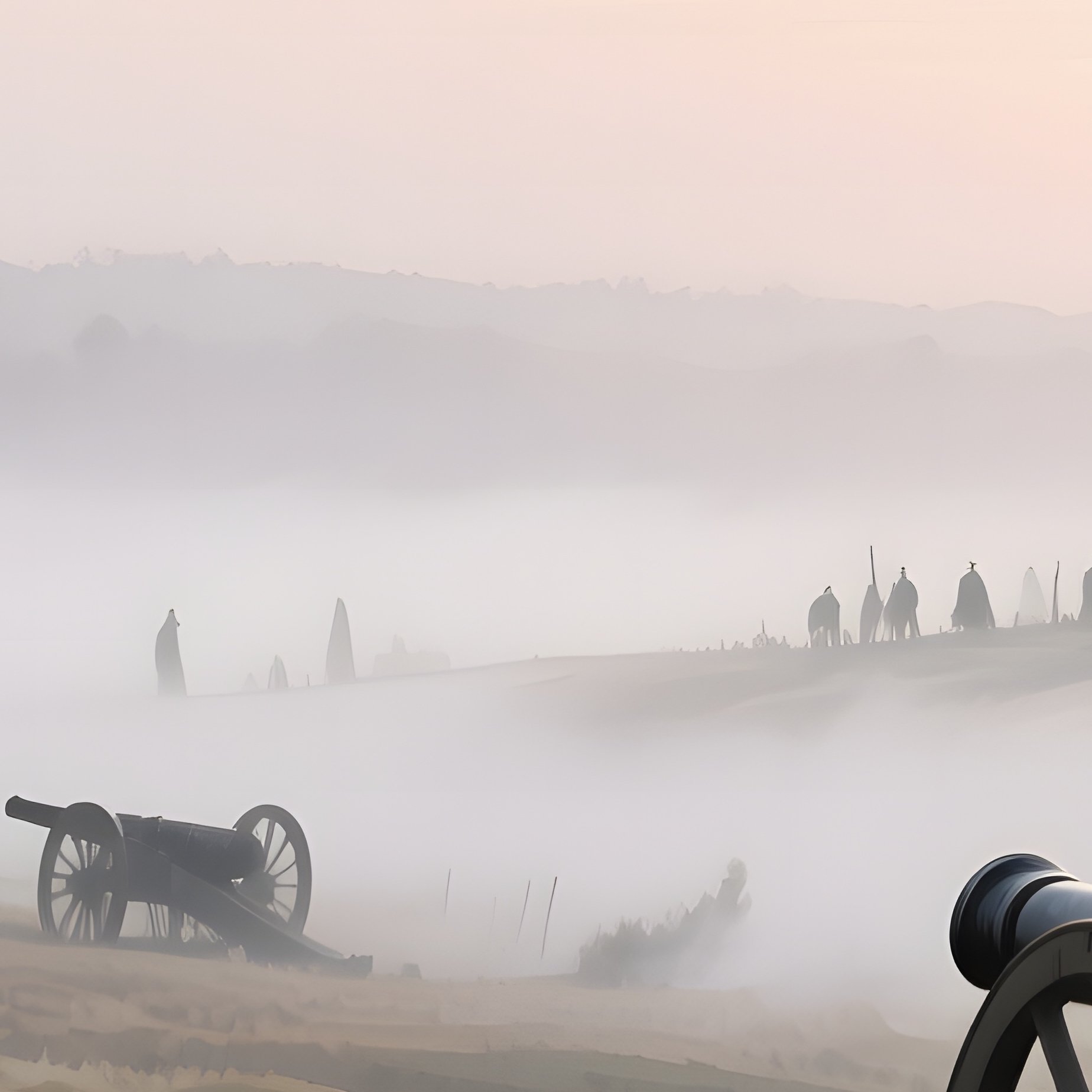 A Historic Battlefield At Dawn, Fog Rolling Over Fields, Muted Watercolor Grays And Browns, Distant - Full Resolution Quality Preview