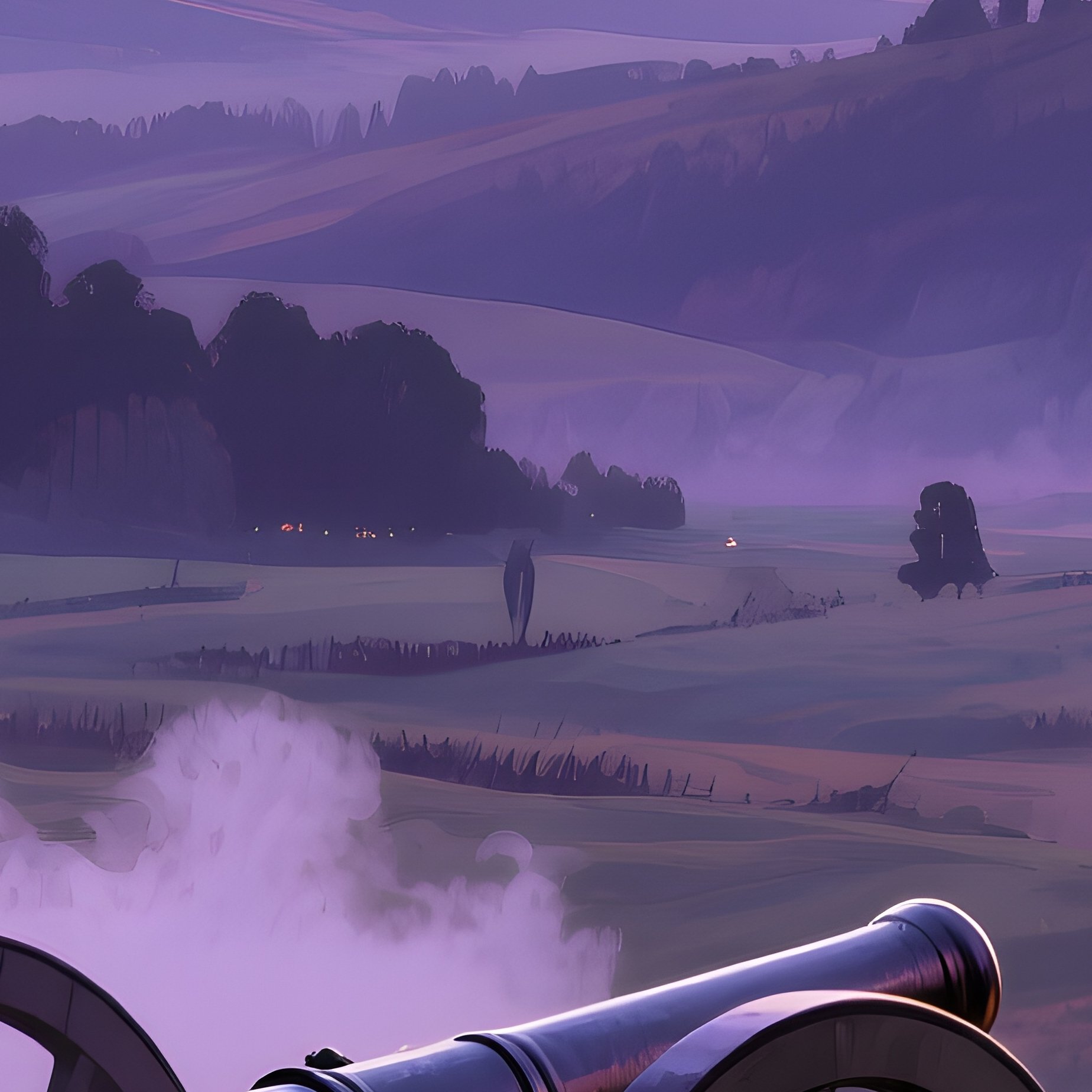 A Historic Battlefield At Dusk, Cannon Smoke Lingering, Watercolor Muted Purples And Deep Shadows, - Full Resolution Quality Preview