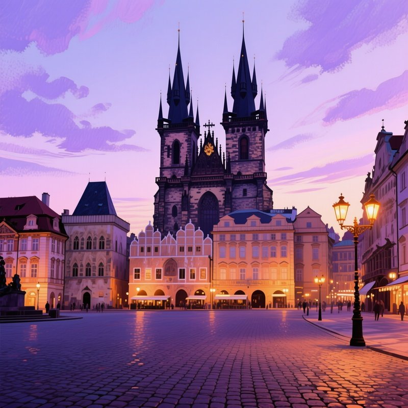 A Historic Cobblestone Square In Prague At Twilight, Gothic Spires Silhouetted, Watercolor Muted